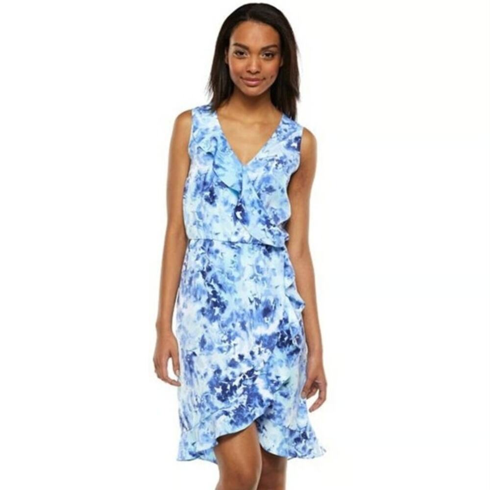 APT.9 Blue Floral Mock Wrap Spring Dress Size XS Easter Sleeveless Ruffle Neck
